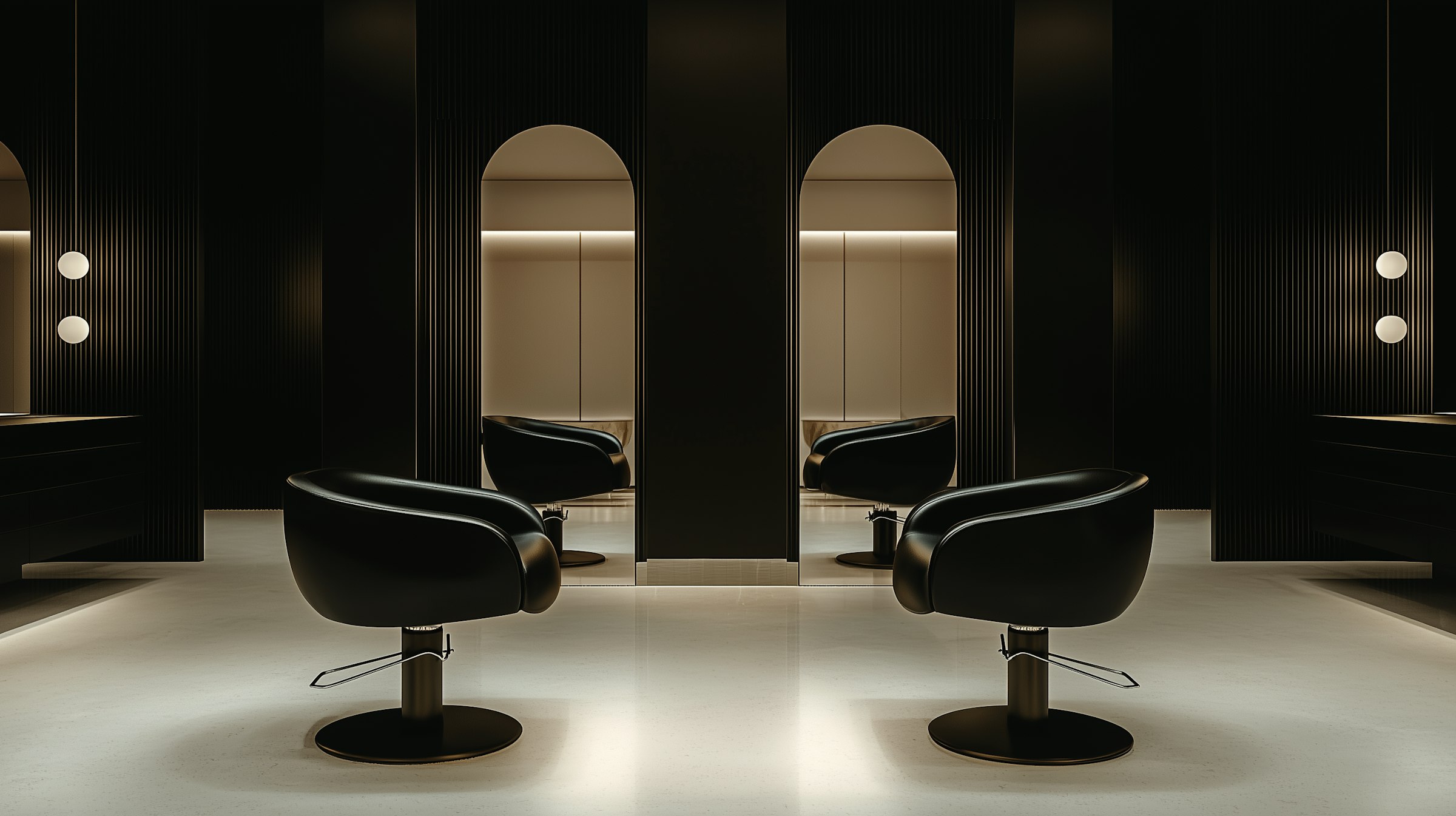 Minimalist salon interior with sculptural furniture
